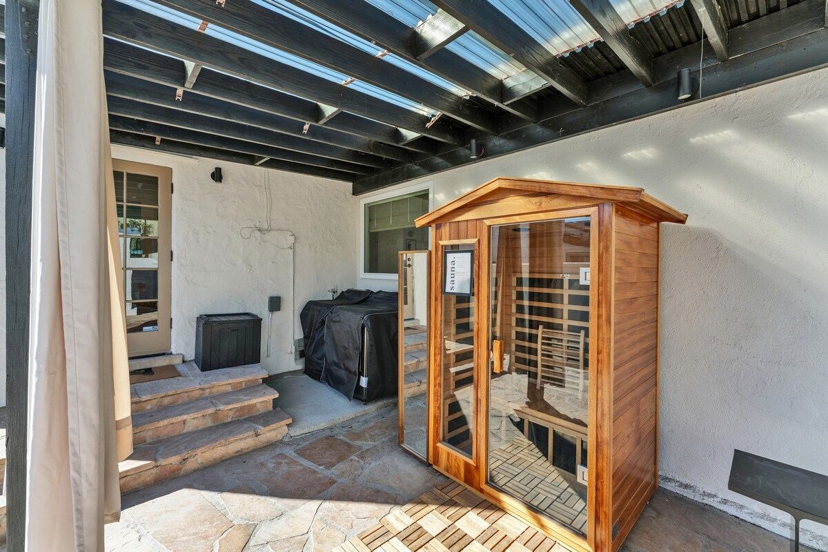 Covered patio with cedar infrared sauna and stone flooring — Atwater Village