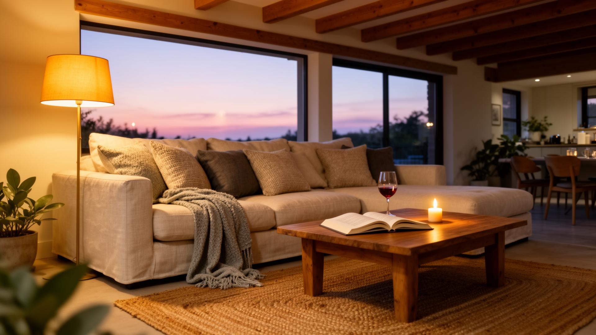 Modern living room with plush sectional sofa, large picture window showing a warm sunset view, wine glass and lit candle on the coffee table
